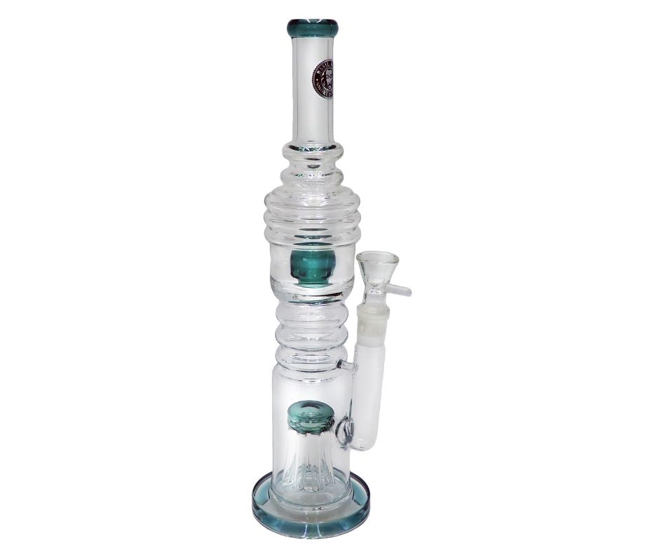 HEAVY DUTY GLASS DOUBLE PERCOLATOR BONG W 8 FINGER TREE & BALL DIFFUSER 35CM (18.8MM GRIND)