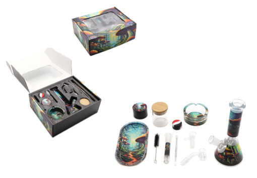 SHROOM SET INC METAL TRAY/ GRINDER/ GLASS WATERPIPE/ ASHTRAY/ NAIL