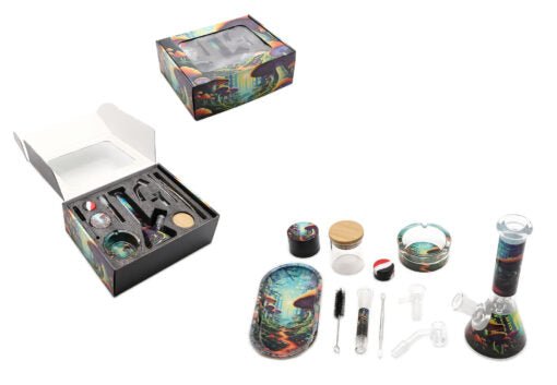 SHROOM SET INC METAL TRAY/ GRINDER/ GLASS WATERPIPE/ ASHTRAY/ NAIL - SeedySide